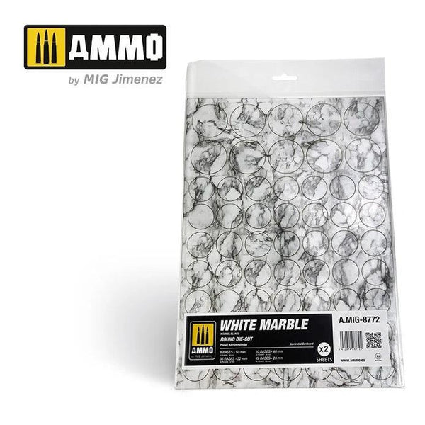 Ammo by MIG - Dioramas - Marble - White Marble - Round Die Cut Marble Bases 2pc - Gap Games