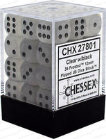 Chessex D6 Frosted 12mm d6 Clear/black Dice Block (36 dice) - Gap Games