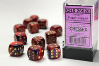 Chessex D6 Gemini 16mm d6 Purple-Red/gold Dice Block (12 dice) - Gap Games