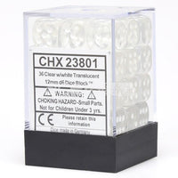 CHX 23801 Translucent 12mm D6 Dice Block Clear/White - Gap Games