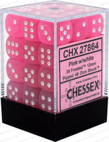 D6 Dice Frosted 12mm Pink/White (36 Dice in Display) - Gap Games