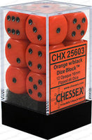 D6 Dice Opaque 16mm Orange/Black (12 Dice in Display) - Gap Games